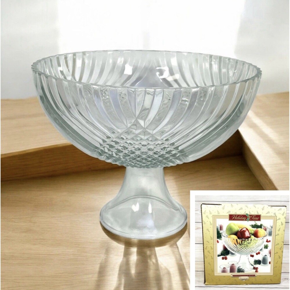 Vintage Indiana Glass Pedestal Centerpiece Bowl Holiday Time Cut Clear Glass USA